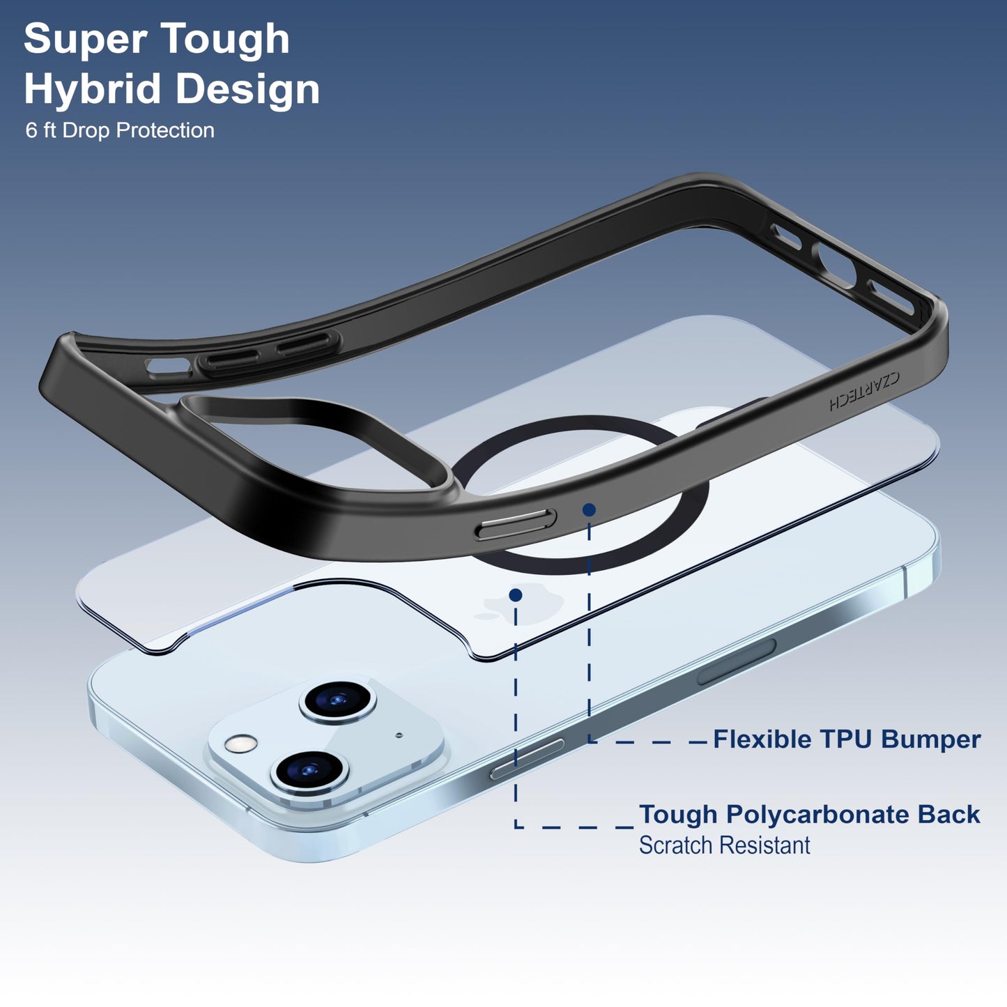 Back Cover for iPhone 13 Case (Scratch Proof | TPU + Tough Polycarbonate Back I 6 ft Drop Protection Tested I Black - Transparent I No Yellowing)