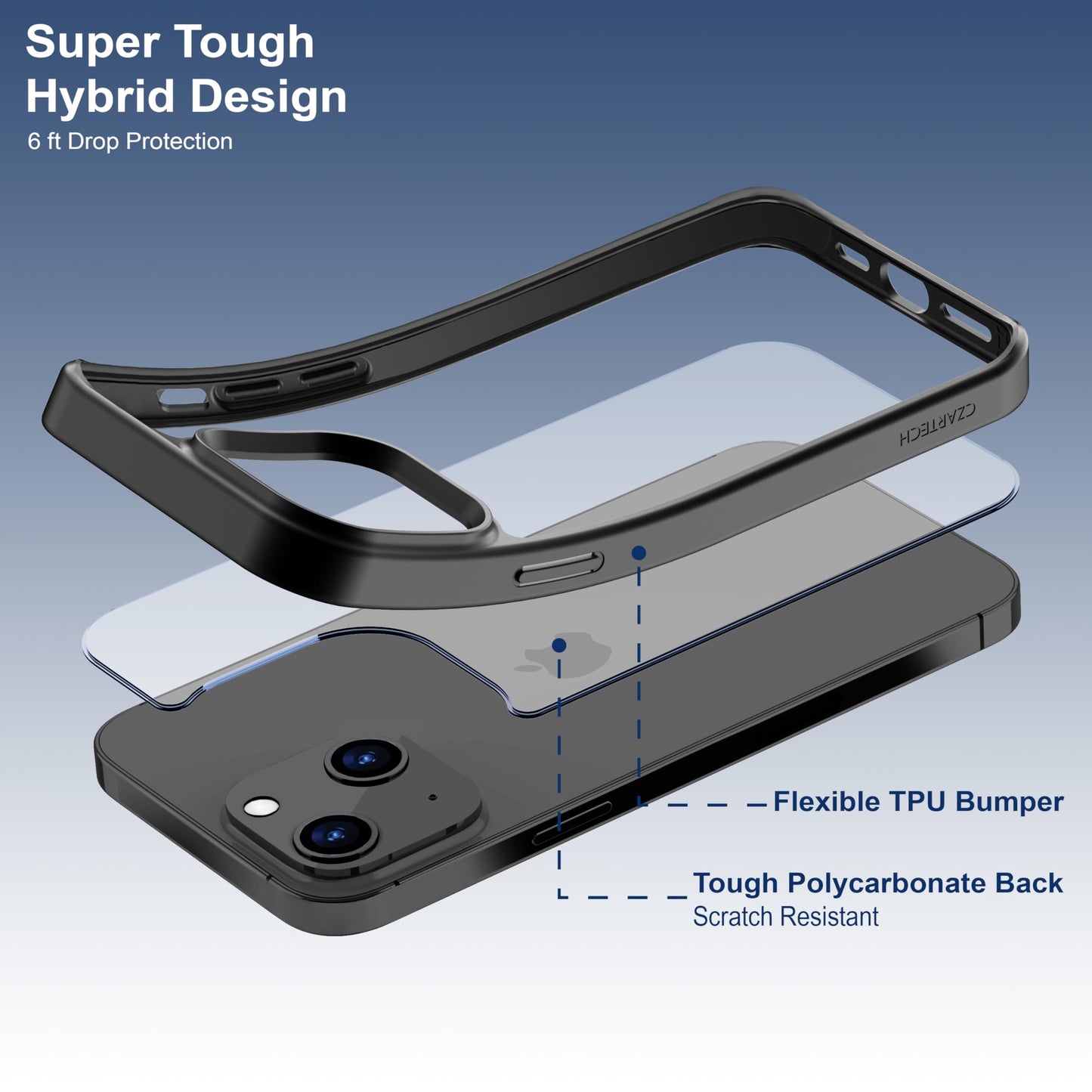 Back Cover for iPhone 13 Case (Scratch Proof | TPU + Tough Polycarbonate Back I 6 ft Drop Protection Tested I Black - Transparent I No Yellowing)