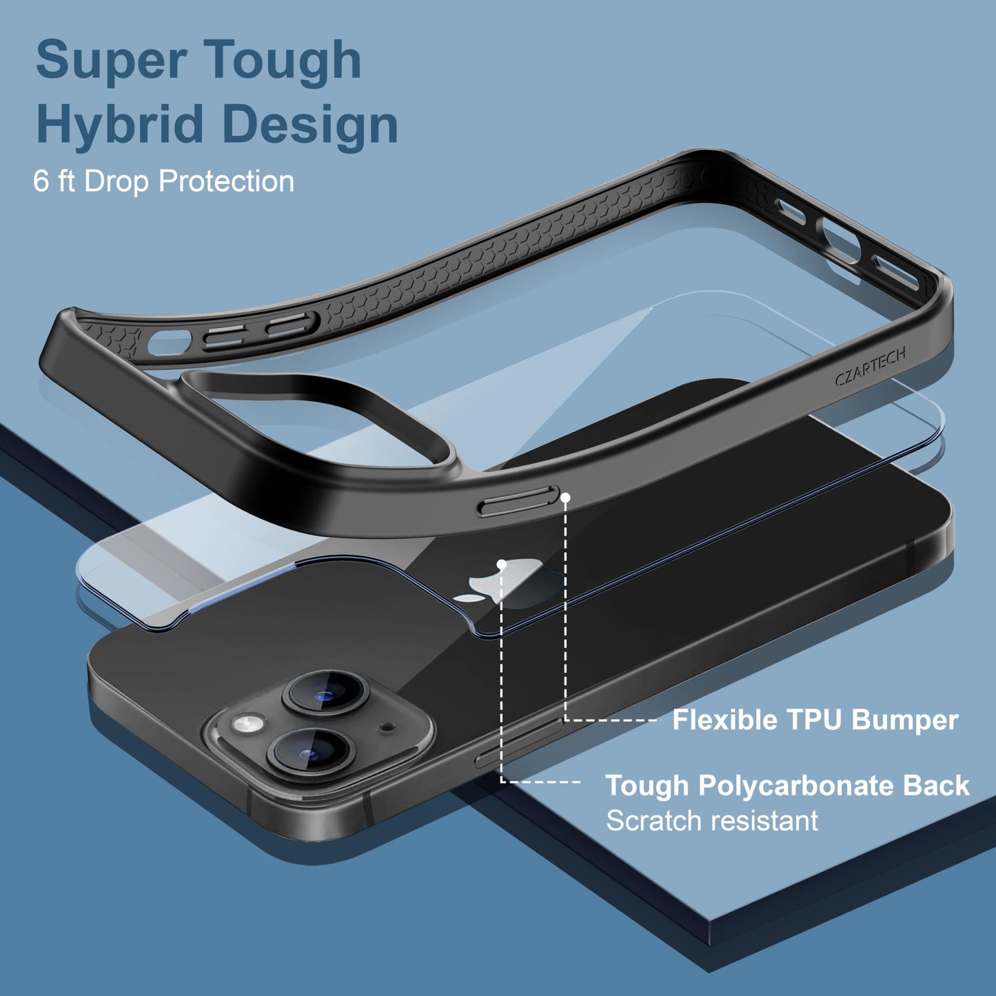 Back Cover for iPhone 13 Case (Scratch Proof | TPU + Tough Polycarbonate Back I 6 ft Drop Protection Tested I Black - Transparent I No Yellowing)