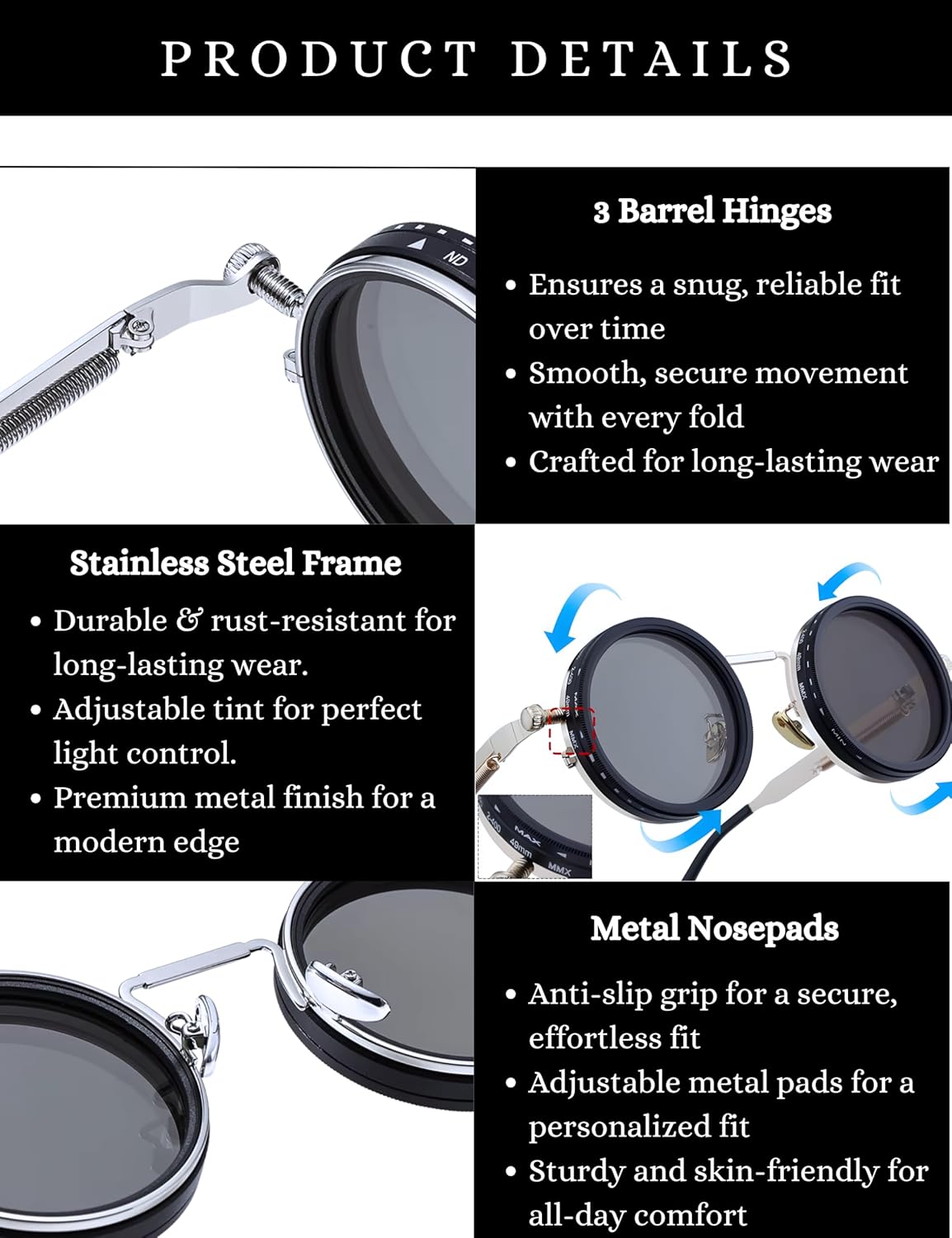 4Flaunt Spyn ND9 Adjustable Round Sunglasses with ND Filter – Stainless Steel Frame, Gojo Inspired Design, Polarized TAC Lenses & UV400 Protection - Silver Black