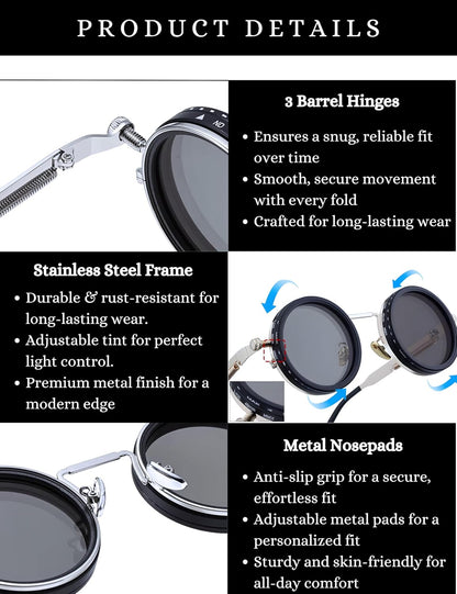 4Flaunt Spyn ND9 Adjustable Round Sunglasses with ND Filter – Stainless Steel Frame, Gojo Inspired Design, Polarized TAC Lenses & UV400 Protection - Silver Black